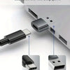 A female to male USB adapter is shown connecting a USB-C cable to a USB-A port for data transfer and power charging.