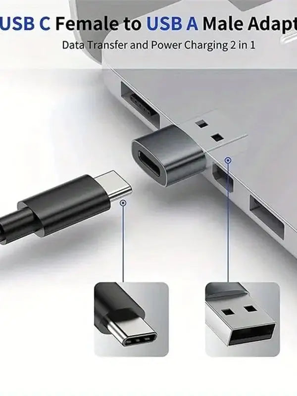 A female to male USB adapter is shown connecting a USB-C cable to a USB-A port for data transfer and power charging.