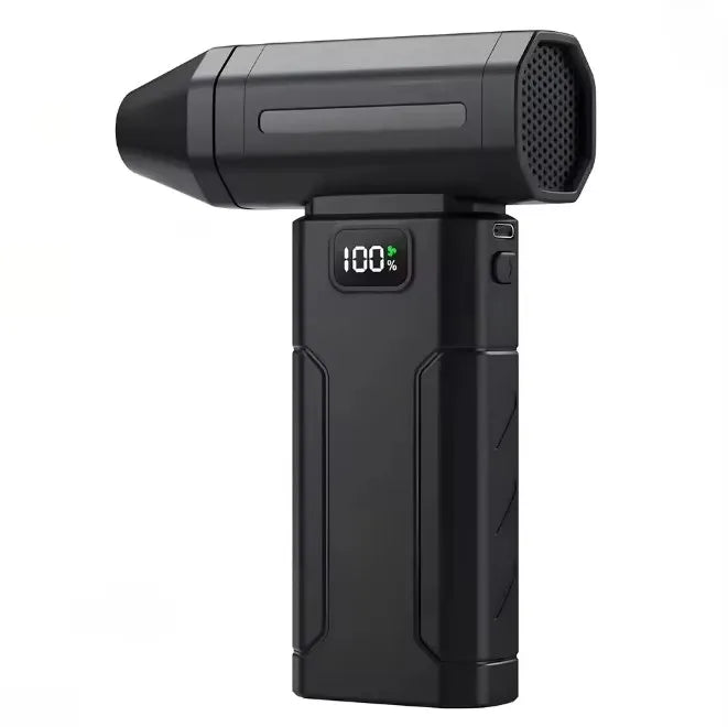 A black high-speed cordless air blower with a textured nozzle and a digital display showing 100% power.