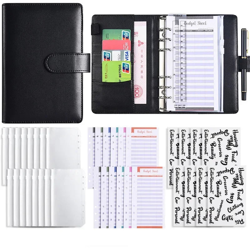 A6 budget planner with a black leather cover featuring an envelope system for organizing finances.