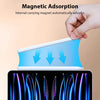 A hand is shown placing a magnetic stylus pen onto a smartphone screen, demonstrating magnetic adsorption.