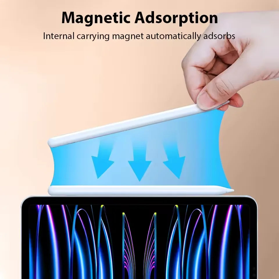 A hand is shown placing a magnetic stylus pen onto a smartphone screen, demonstrating magnetic adsorption.