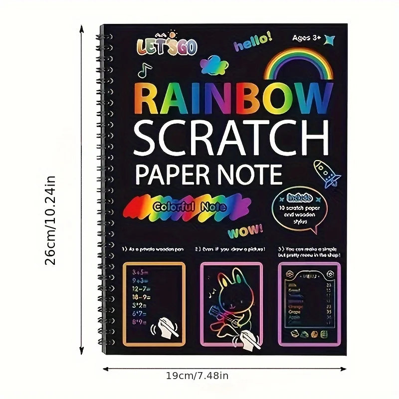 A black spiral notebook titled Rainbow Scratch Paper Note featuring colorful art and stylus sticks for children