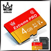 محول بطاقة Extreme PRO 4 جيجابايت أحمر وبرتقالي بشعار King USB بجوار بطاقة SD سوداء