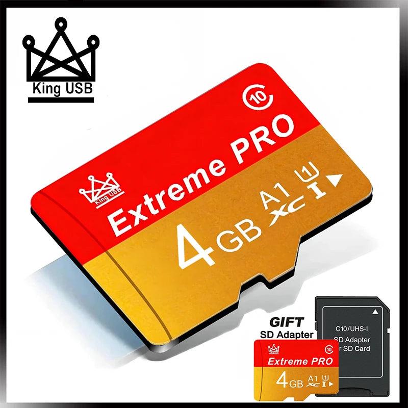 محول بطاقة Extreme PRO 4 جيجابايت أحمر وبرتقالي بشعار King USB بجوار بطاقة SD سوداء
