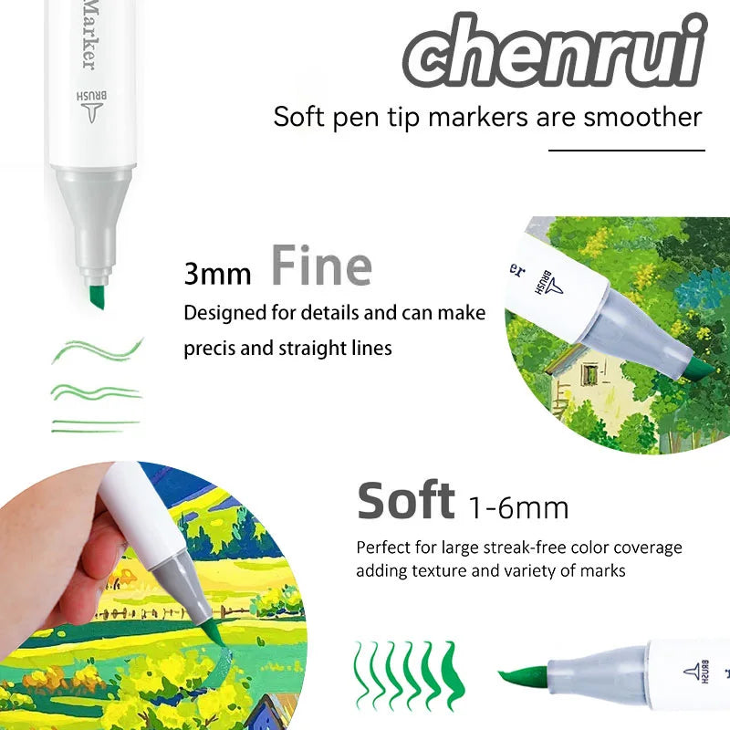 A set of soft pen tip markers in various sizes and colors demonstrating fine lines and color coverage.