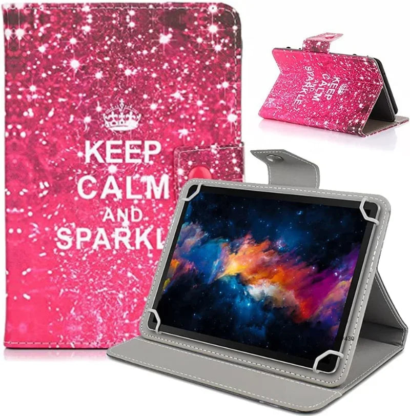 A pink glittery leather folio case for a tablet, featuring the text Keep Calm and Sparkle.