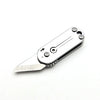 A compact stainless steel pocket knife with a blade and a keychain attachment.