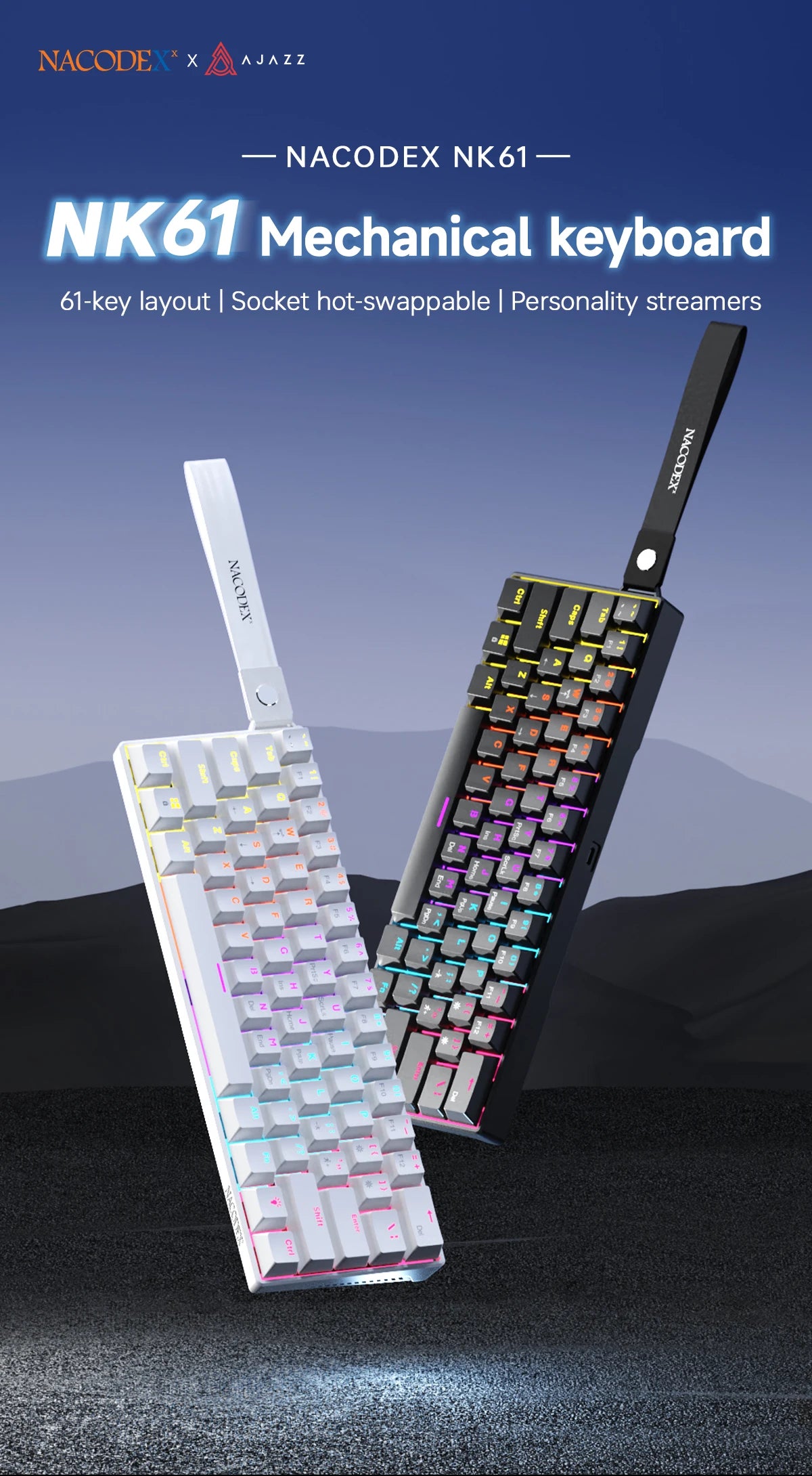 A close-up view of a black mechanical keyboard with pink and purple accents and a white keycap, shown against a dark backgrou