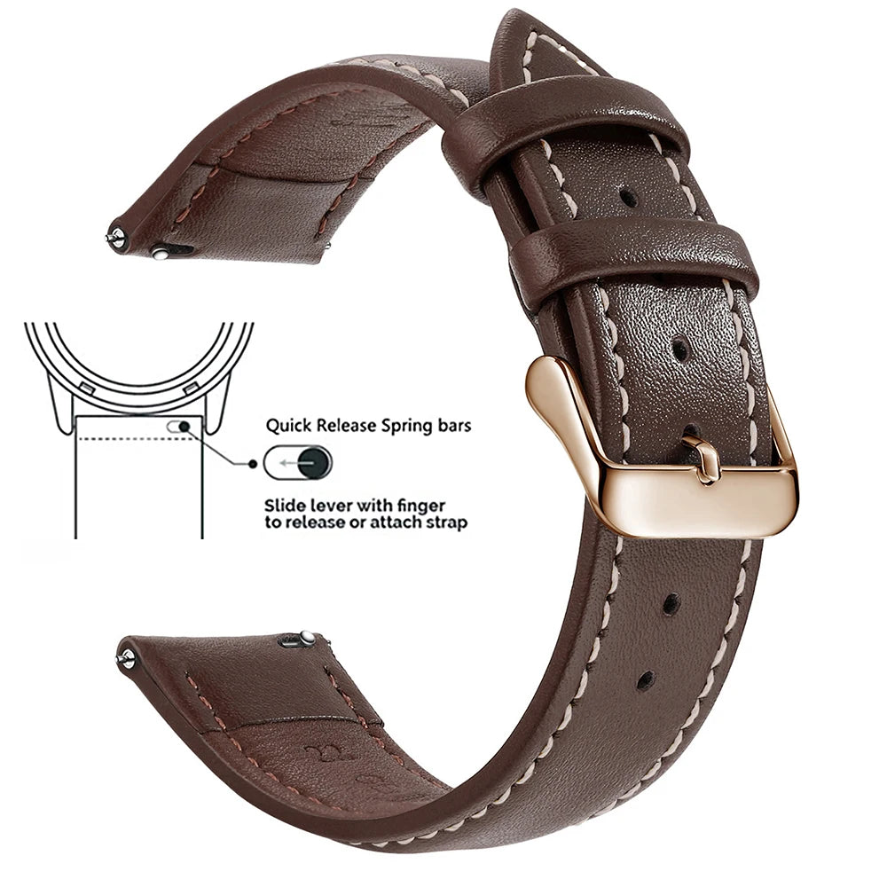 A brown genuine leather watch band featuring quick release spring bars and a slide lever for easy strap attachment.
