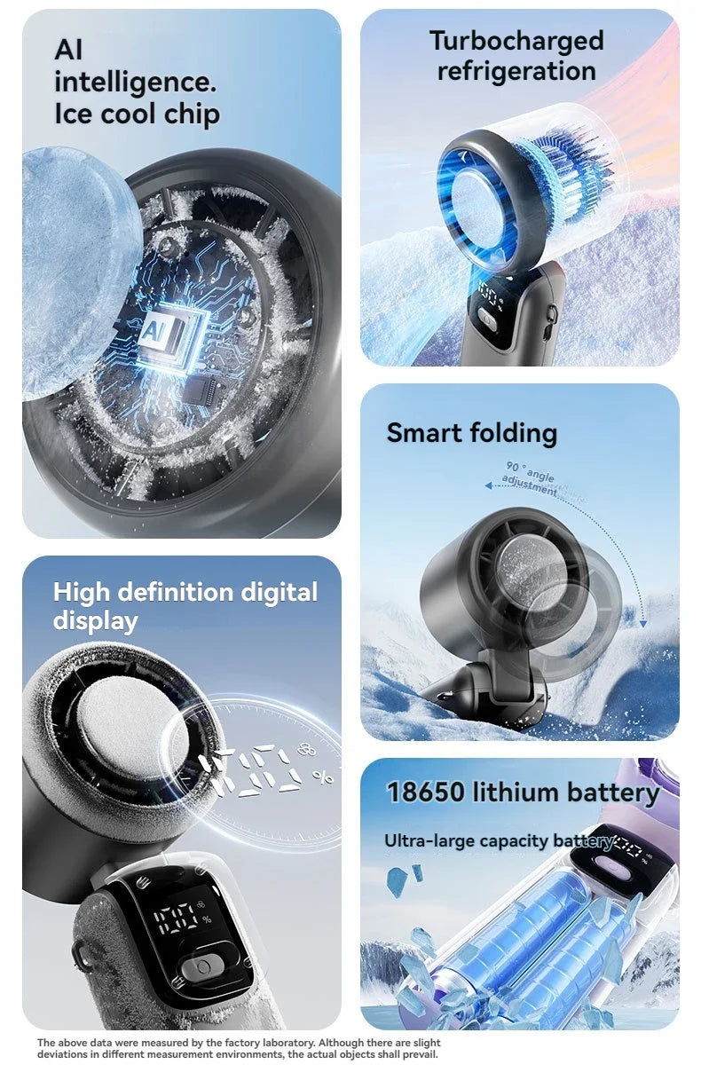 A collection of features for a handheld cooling fan including AI intelligence, turbocharged refrigeration, smart folding, and