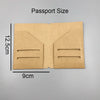 A tan passport-sized notebook shell with cutouts for writing, measuring 12.5 cm high and 9 cm wide.