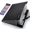A black expanding A4 file folder with five colored pockets is shown open.