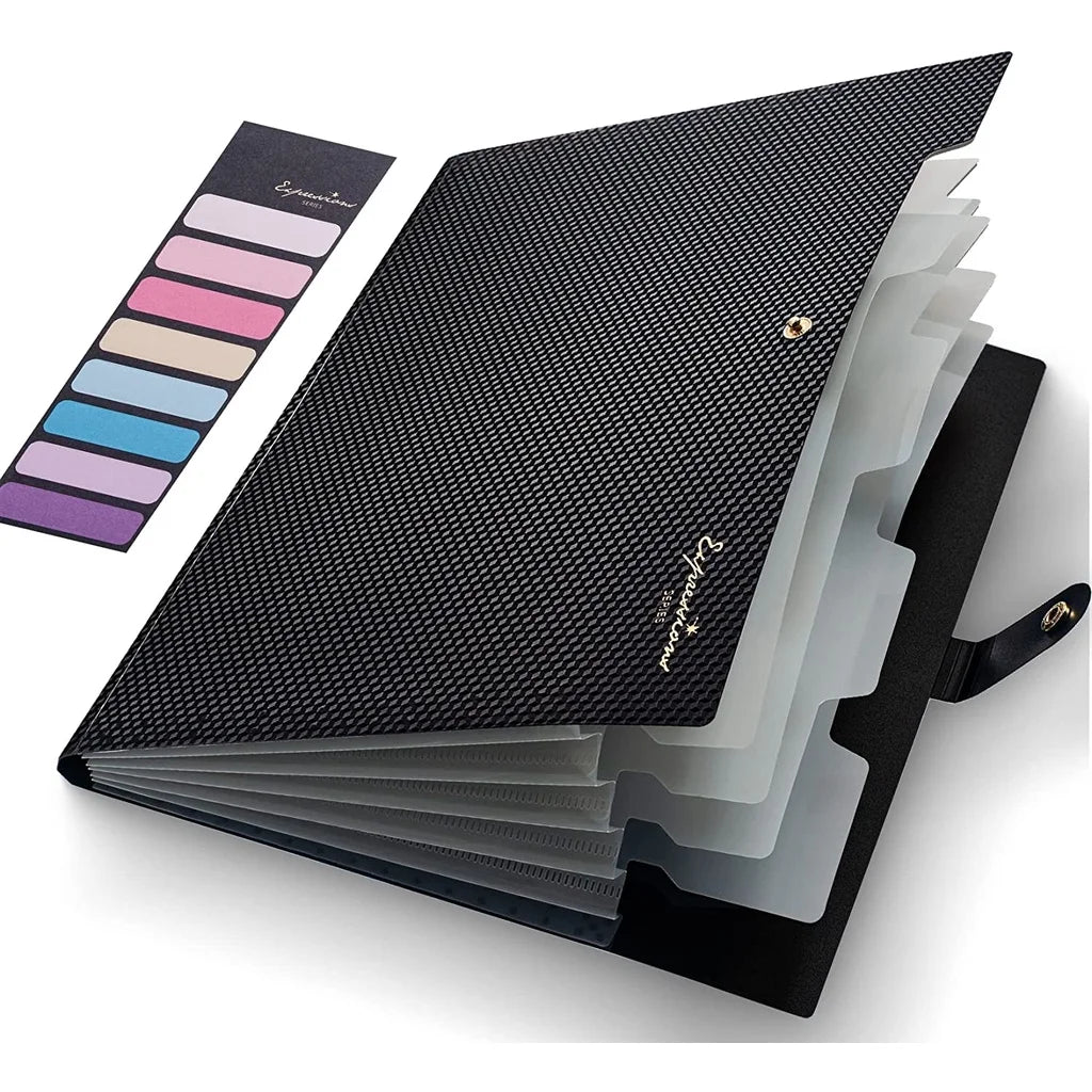 A black expanding A4 file folder with five colored pockets is shown open.