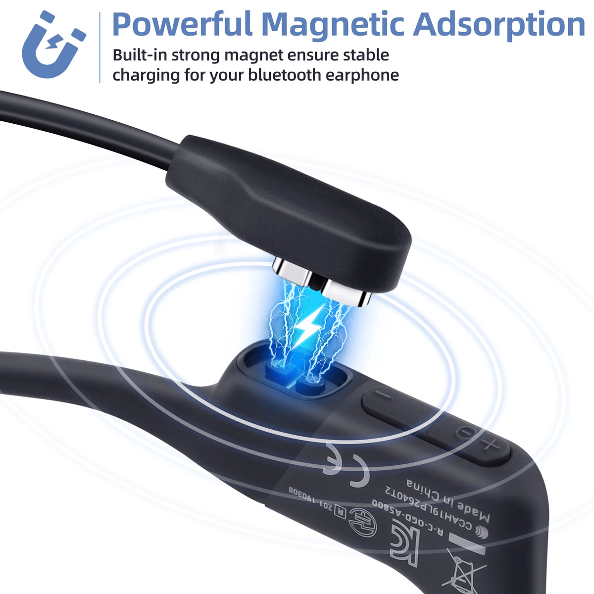 A black charging cable is shown connecting to a device, demonstrating powerful magnetic adsorption for stable charging.