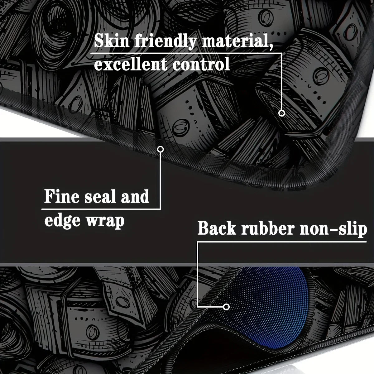 Close-up view of a black desk mat featuring a fine seal and edge wrap with a back rubber non-slip base.