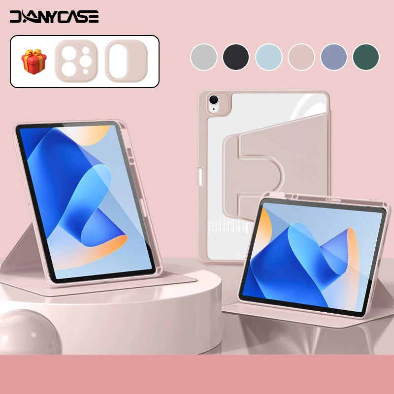 A 360 degree rotating protective case for an iPad is shown with various color options and a corresponding phone case.