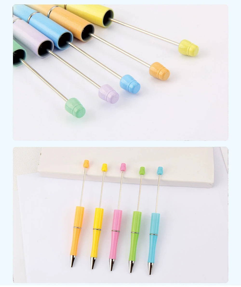 A collection of colorful DIY beadable pens with black ink shown in various shades and angles.