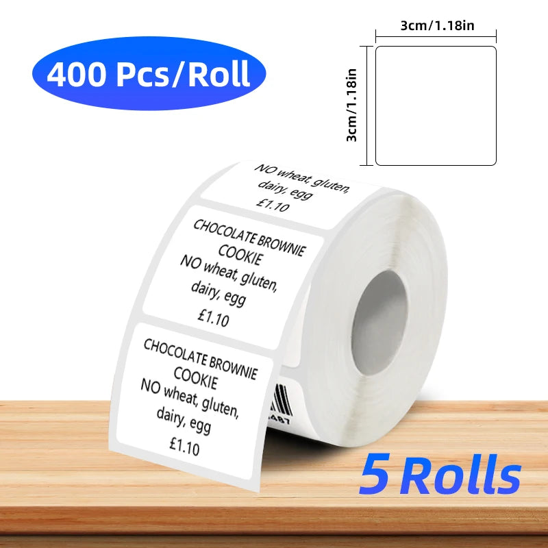 Rolle thermischer Etikettendruckpapier mit verschiedenen Lebensmitteln wie Schokoladenbrownie und Keksen