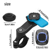 A black universal motorcycle phone mount with a blue clamp and vibration dampener components shown in various sizes.