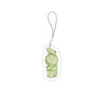 A small, green, squishy character charm on a silver keychain.