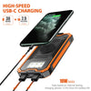 An orange power bank is shown with a USB-C cable and an iPhone, demonstrating high-speed charging capabilities.