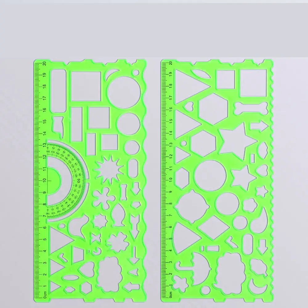 A transparent lime green multi-shape geometric drawing template ruler set with various shapes and measurements.