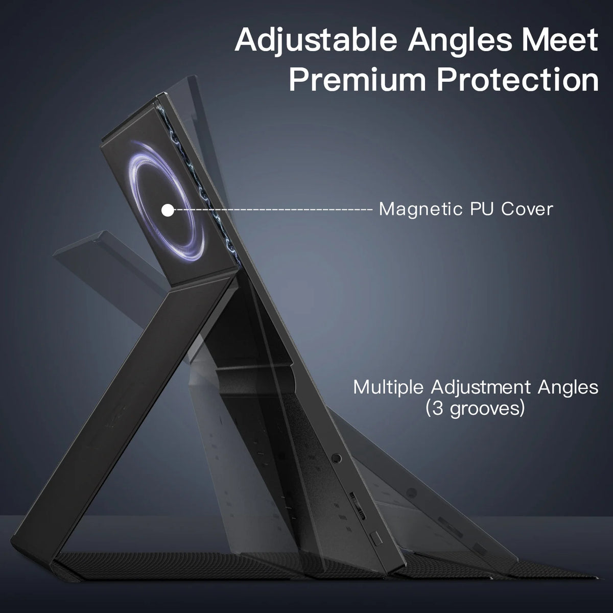 A portable laptop monitor with an adjustable magnetic PU cover and multiple adjustment angles.