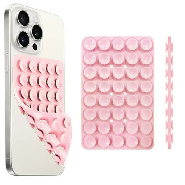Soporte para teléfono con ventosa doble de color rosa, agarre de silicona transparente y múltiples ventosas.