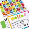 A kit of magnetic letters and numbers in various colors for educational learning.