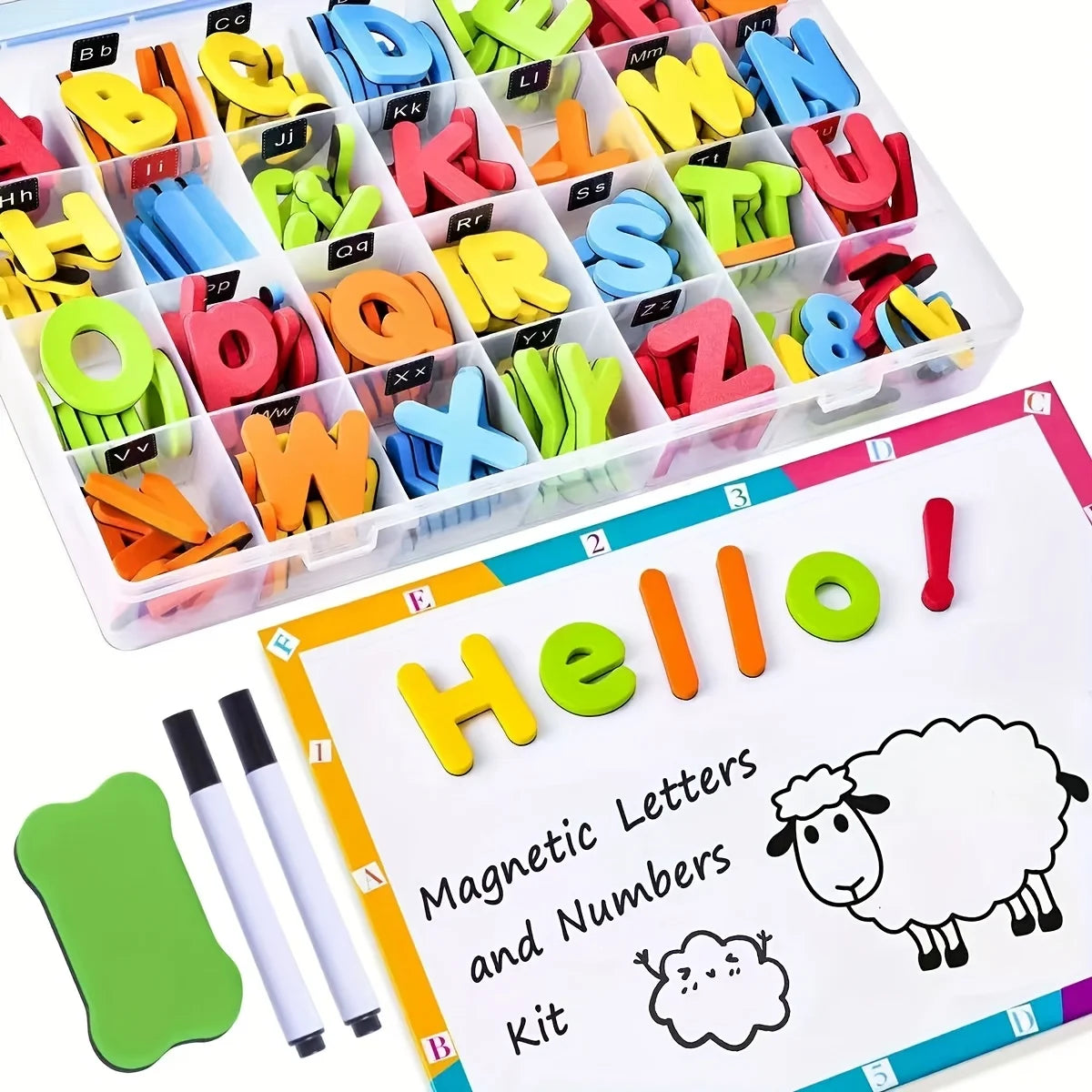 A kit of magnetic letters and numbers in various colors for educational learning.