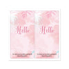 Pink rectangular gift stickers with handwritten Hello text and grateful message on a light background