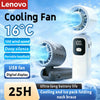 A white Lenovo cooling fan with a digital display is shown in a snowy context, highlighting its features and 25-hour battery 