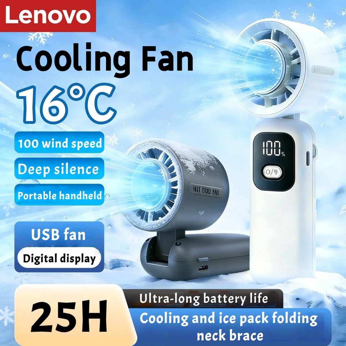 A white Lenovo cooling fan with a digital display is shown in a snowy context, highlighting its features and 25-hour battery 
