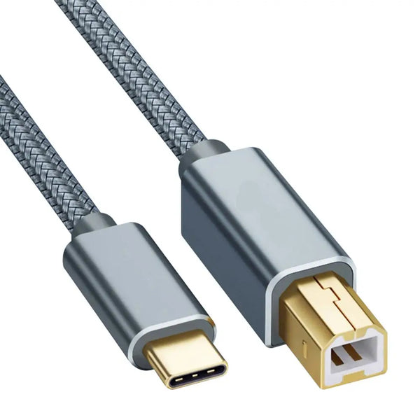 A close-up view of a durable braided USB-C to USB B printer cable connector.