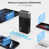 A black portable power bank is shown with various charging capacities displayed, including 3.83 charges for a MacBook 14 and 