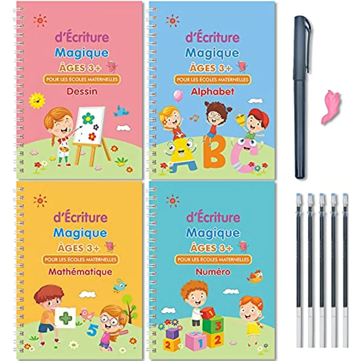 Four colorful reusable magic practice handwriting workbooks for children covering drawing, alphabet, and numbers