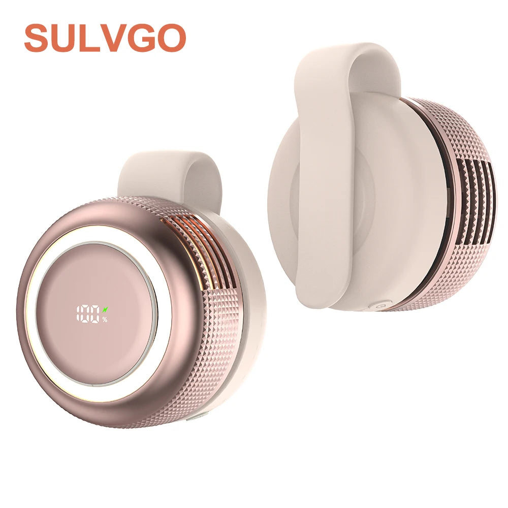 A beige portable clip-on fan with a rose gold finish and mesh grille.