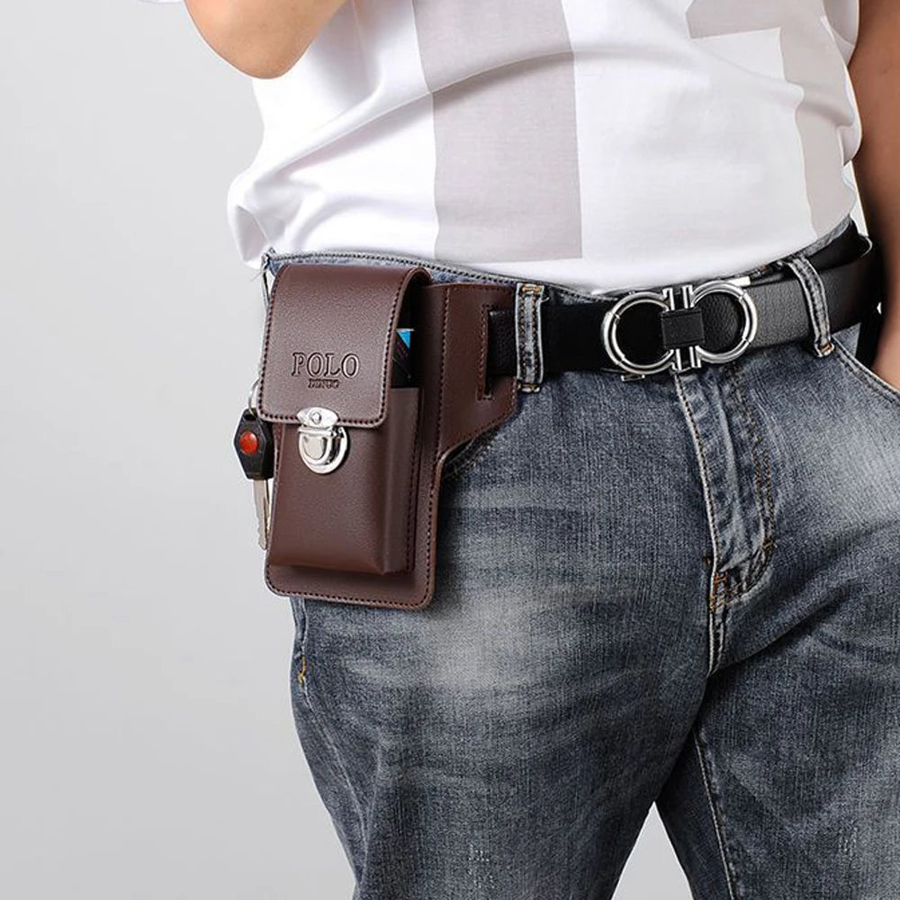 Brown leather waist bag with a silver buckle worn on a dark blue denim jean pocket.