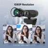 A black 1080P webcam is shown with various lenses and a female user demonstrating its quality.