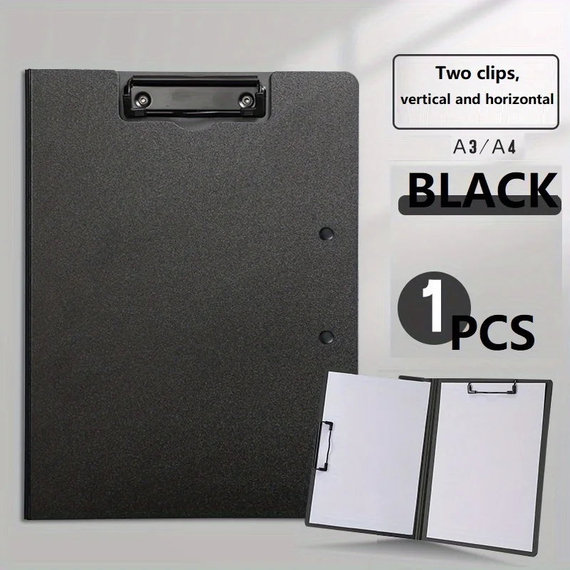 Carpeta de archivo negra A3/A4 con dos clips para archivado vertical y horizontal.
