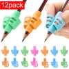 A set of 12 silicone pencil grips in various colors and shapes for children's writing correction.