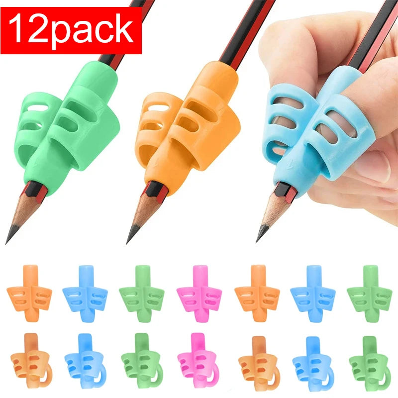 A set of 12 silicone pencil grips in various colors and shapes for children's writing correction.
