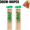 A set of natural bamboo skewers, ranging from 30cm to 180pcs, packaged in green paper.