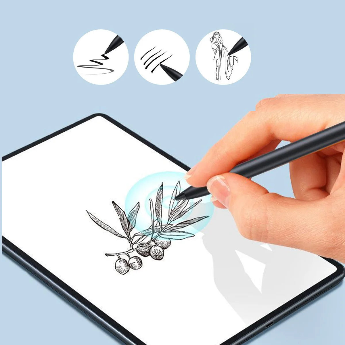 يد تمسك بقلم يرسم على شاشة تابلت، توضح ريشة بديلة دقيقة لقلم Honor Magic Pencil 3.