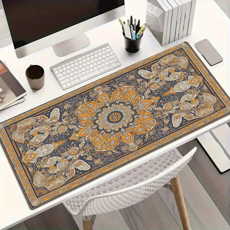 A vintage Persian rug design mouse pad with an ornate pattern is displayed on a white desk.