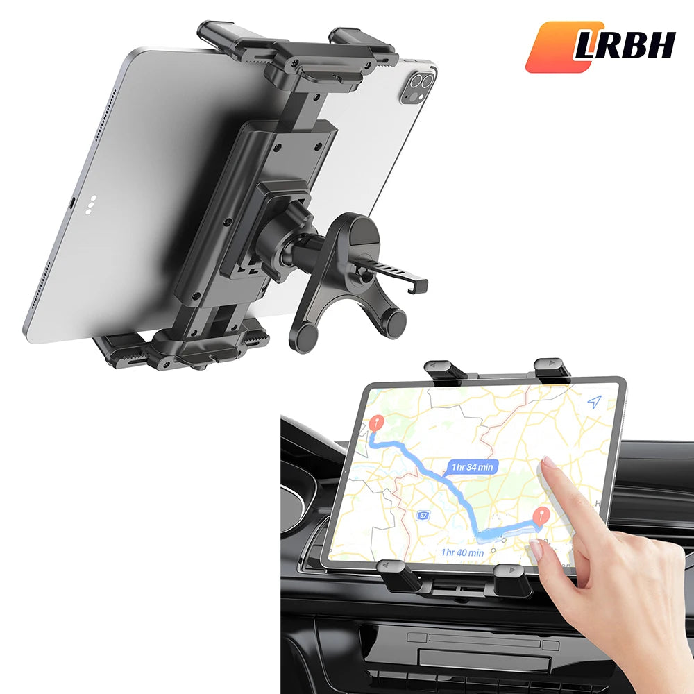 A universal car air vent mount is shown holding a tablet in place for viewing.