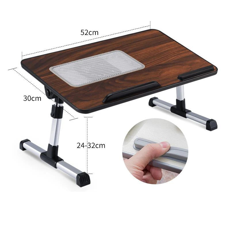 A dark wood portable laptop desk stand with a mesh tray and adjustable metal legs.