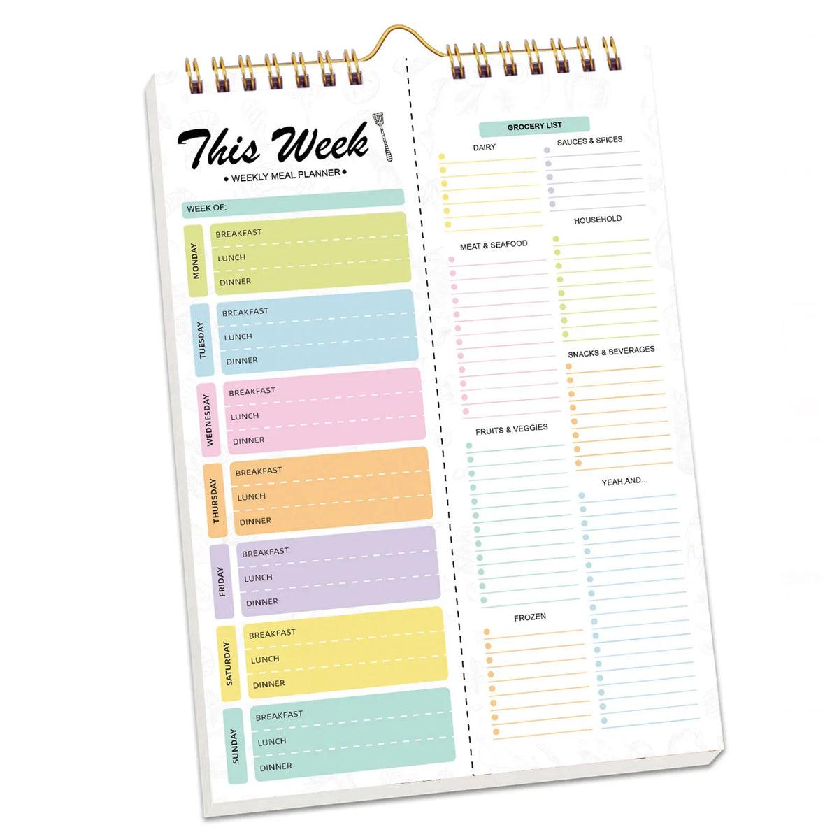 A weekly meal planner and grocery list pad with sections for meals, groceries, and household items.