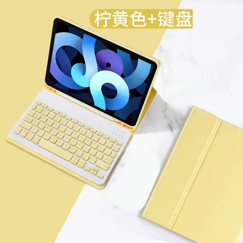 A yellow detachable wireless keyboard folio case for an iPad, showing the keyboard and cover in a light gold color.